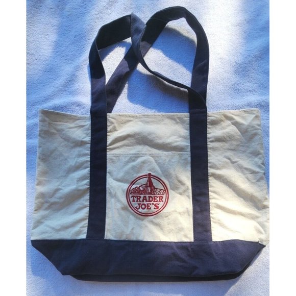 Trader Joes Reusable Canvas Cloth Tote Bag Grocery Navy Red Recycle Trendy - Picture 6 of 14